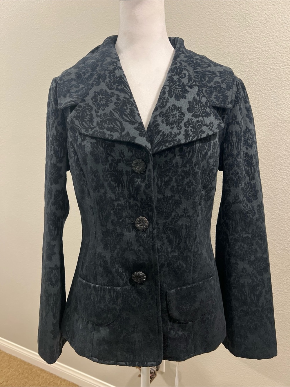 J. Jill Black Jacquard Floral Brocade Blazer Jacket Size 2